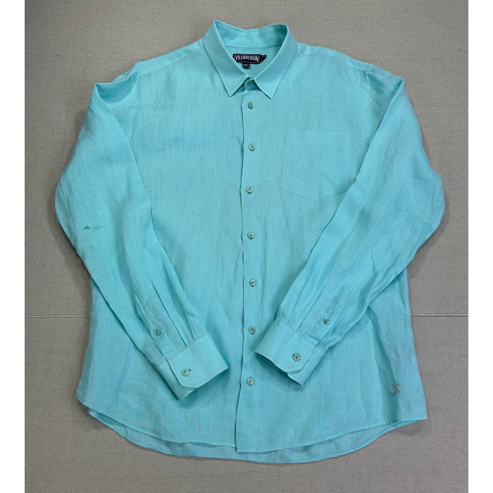 Vilebrequin Mens XXL Linen Button Down Shirt Turquoise Long Sleeve Turtle Logo
